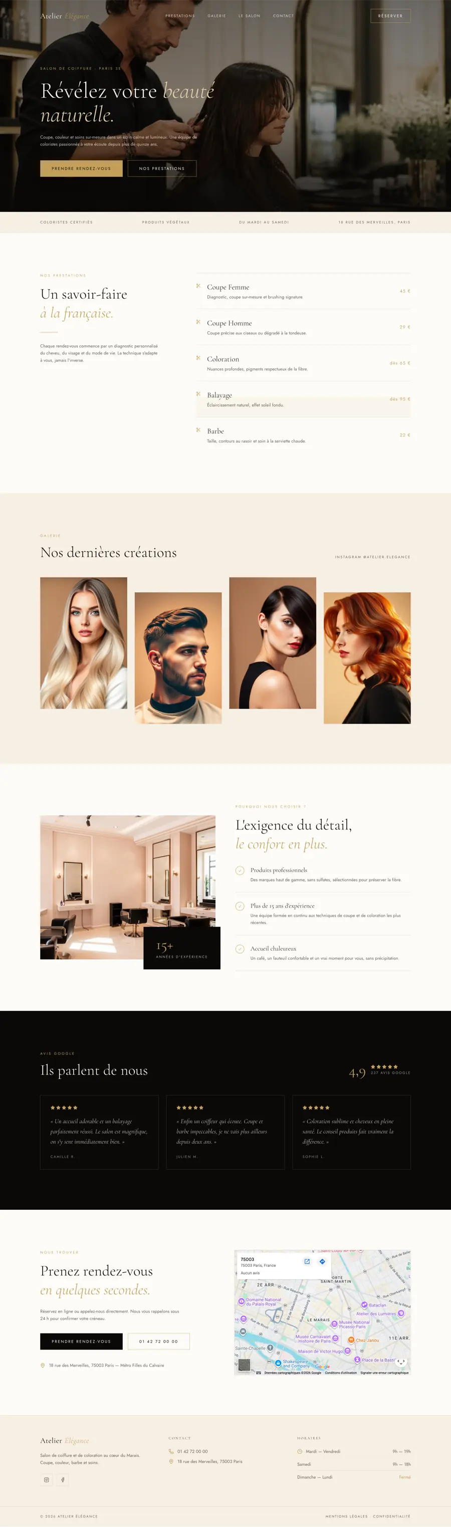 Example site for a hair salon: home, services, gallery and booking