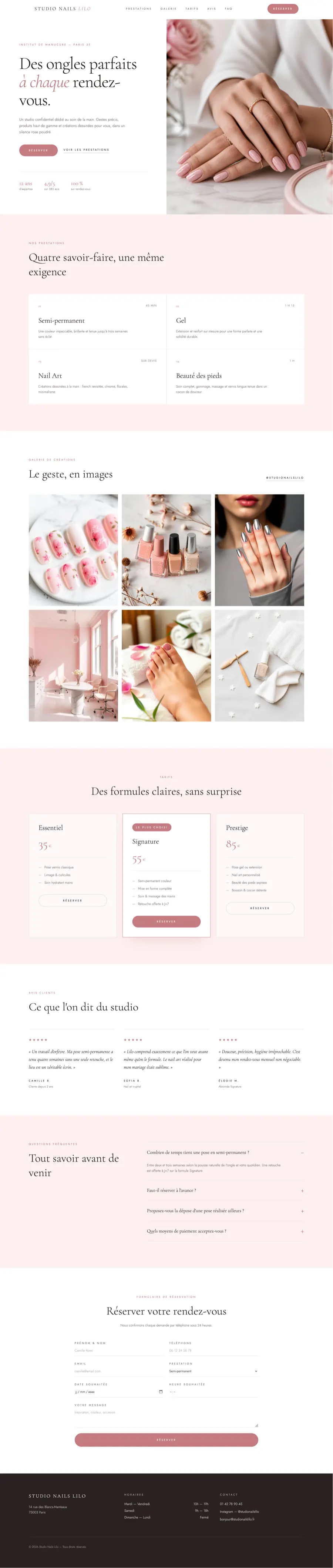 Example site for a nail salon: services, gallery of work and pricing