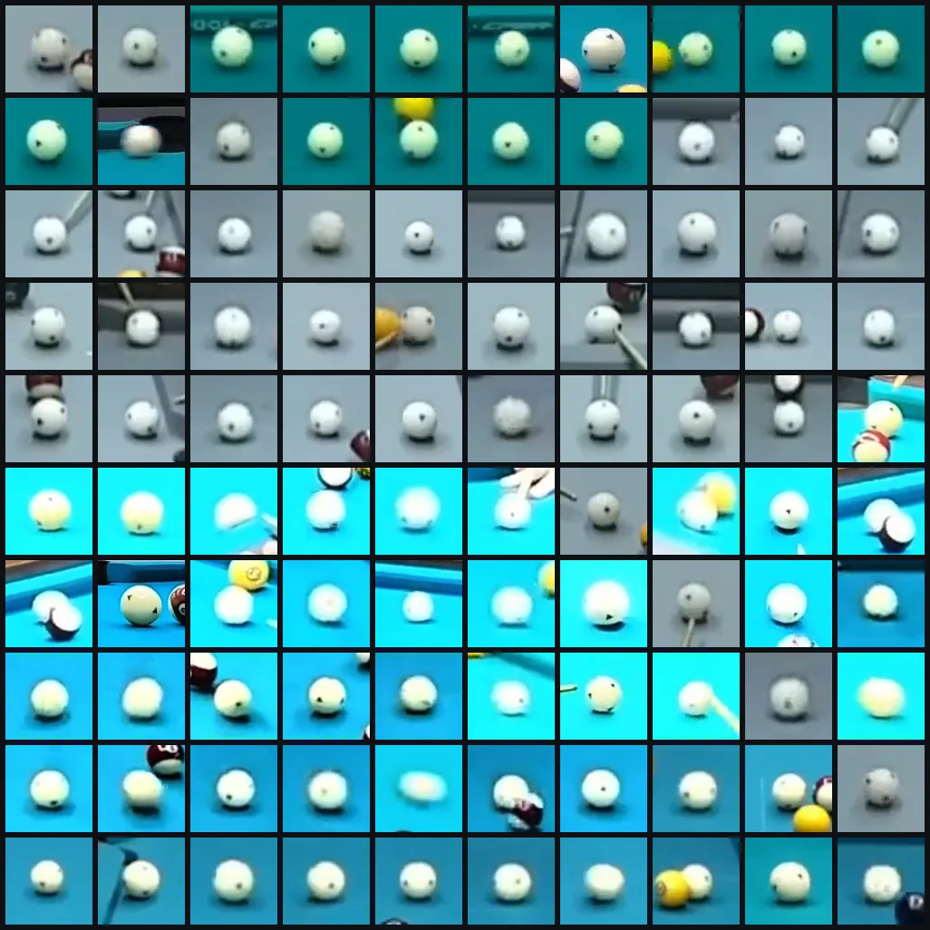 Planche de vignettes de la bille blanche détectée image par image par le modèle YOLOv8 entraîné sur mesure